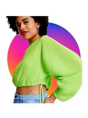 Future Collective Women’s Apple Lime Green Plisse Long Sleeve Crop Top NWT Sz S